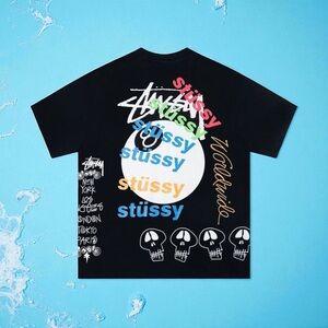Stussy Black Graphic Tee with Multicolor Print